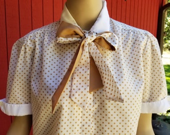 Vintage 1970s Polka Dot Shirt with 2 Bow Sashes | Brown & White Short Sleeve Blouse by Lady Manhattan | Summer Top