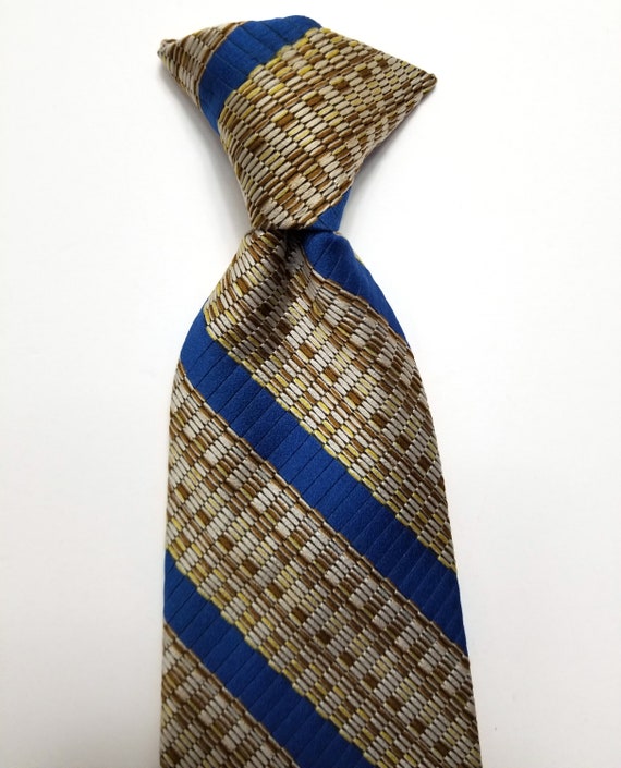 Vintage 1970s Clip On Tie | Blue & Beige Diagonal… - image 8