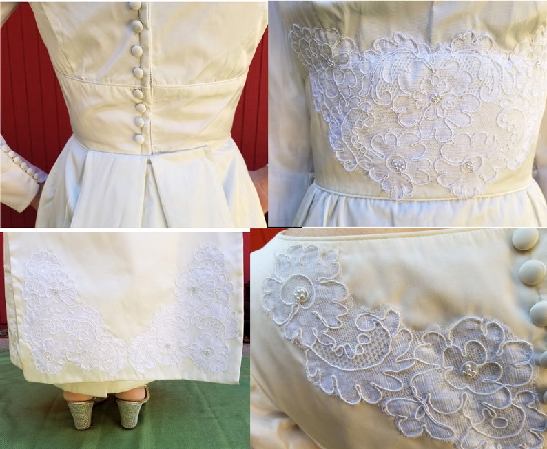 1960s White Satin /& Lace Wedding Dress with Train Romantic Wedding Long Sleeve Bridal Gown Fitted Pencil Dress Vintage 1950s