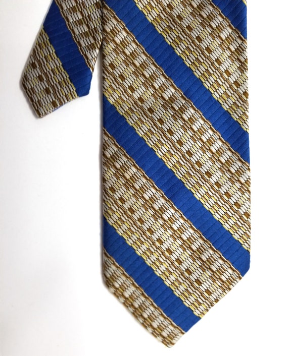 Vintage 1970s Clip On Tie | Blue & Beige Diagonal… - image 7