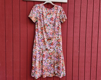 Vintage 1960s Flower Power Dress | Handmade Pink & Red Flower Power Shift Dress | Mod Summer Dress