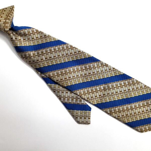 Vintage 1970s Clip On Tie | Blue & Beige Diagonally Striped Necktie by Snapper | 3.5" Wide Tie, Retro Menswear