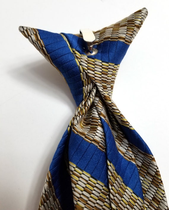 Vintage 1970s Clip On Tie | Blue & Beige Diagonal… - image 9