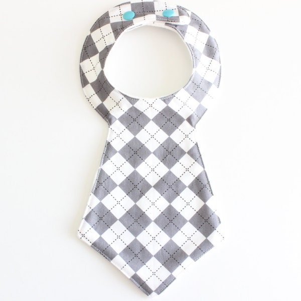 Cotton Baby Tie Bib - grey argyle - Adjustable Dribble Boys Necktie ~ LiddleBerry