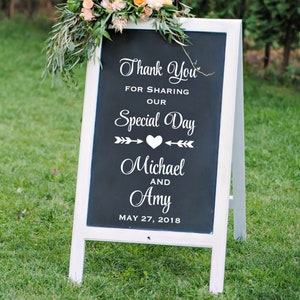 Calcomanía de signo de agradecimiento de boda, signo de agradecimiento de calcomanía de boda personalizada, tablero de agradecimiento para la calcomanía de boda, vinilo de calcomanía de boda de pizarra