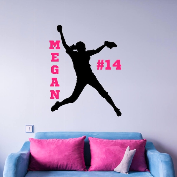 Personalized Softball Wall Decal, Softball Gifts For Girls, Softball Wall Stickers For Bedroom, Softball Wall Decor, Softball Pitcher Decal