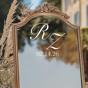 Monogram Mirror Decal with Wedding Date – Elegant Initials Vinyl Lettering for Wedding Welcome Sign or Seating Chart Mirror