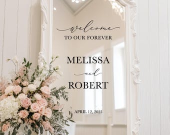 Personalized Wedding Mirror Decal - Welcome to Our Forever Sign - Custom Vinyl Lettering for DIY Wedding Sign - Bride & Groom Name with Date