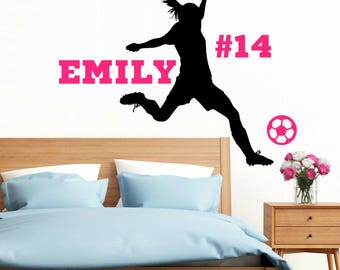 Personalized Soccer Wall Decal Girls Bedroom, Personalized Wall Decal for Girls, Soccer Player Silhouette Wall Decal with Name, Soccer Decor