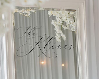 Custom Wedding Mirror Decal – Last Name Vinyl Sticker, Elegant Personalized Reception Sign, Removable Calligraphy Decal