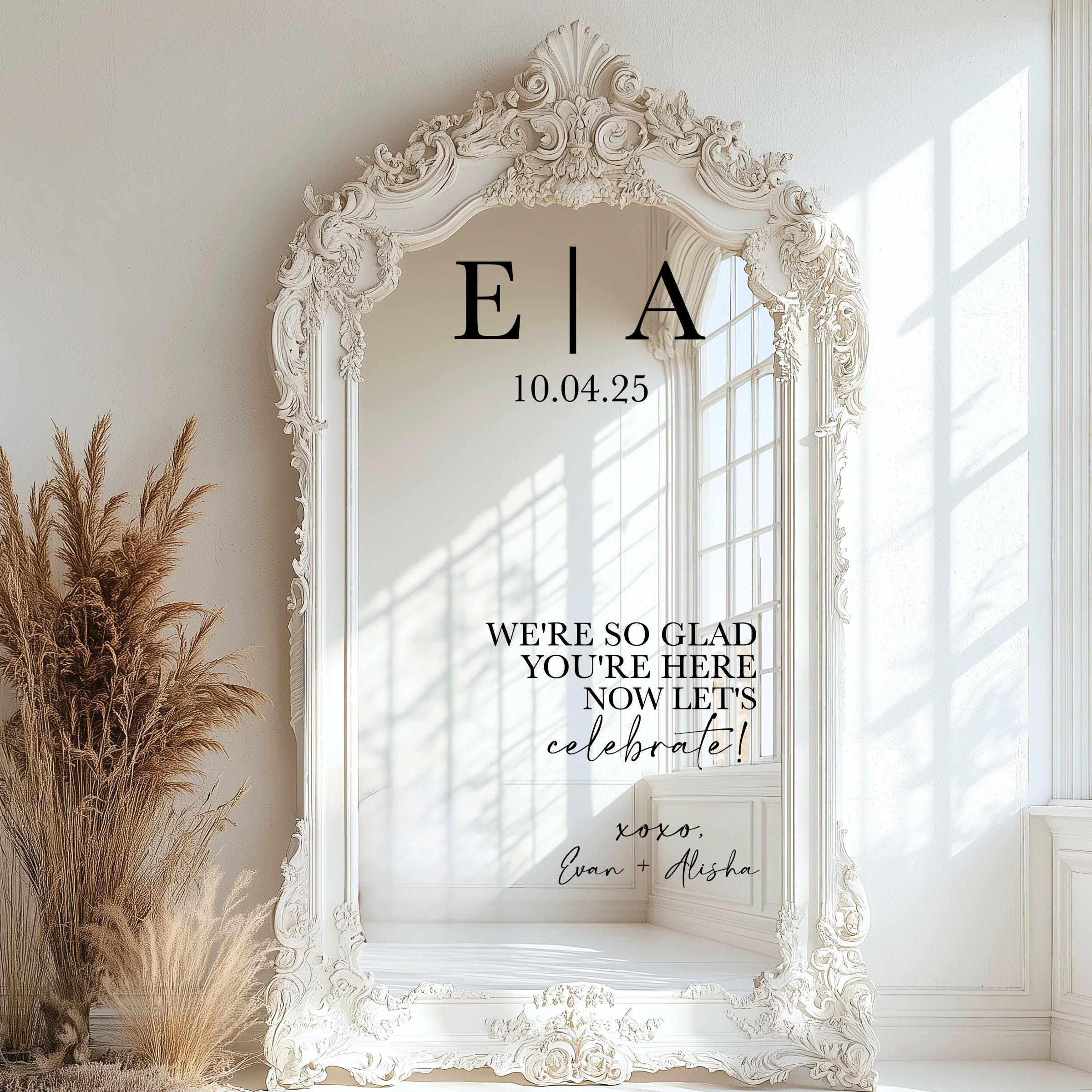 We're So Glad You're Here Let's Celebrate Mirror Decal – Wedding Welcome Sign Vinyl Lettering Custom Date & Names, Self-Apply Mirror Sticker