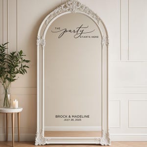 Calcomanía "La fiesta comienza aquí", letras de vinilo para espejo de boda, letrero de recepción personalizado, letrero de bienvenida para boda, decoración de eventos DIY