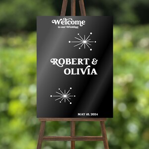 Retro Bienvenido a nuestra calcomanía de signo de boda, calcomanía de boda para espejo- Decoraciones de boda modernas de mediados de siglo - Letras de vinilo para signo de boda