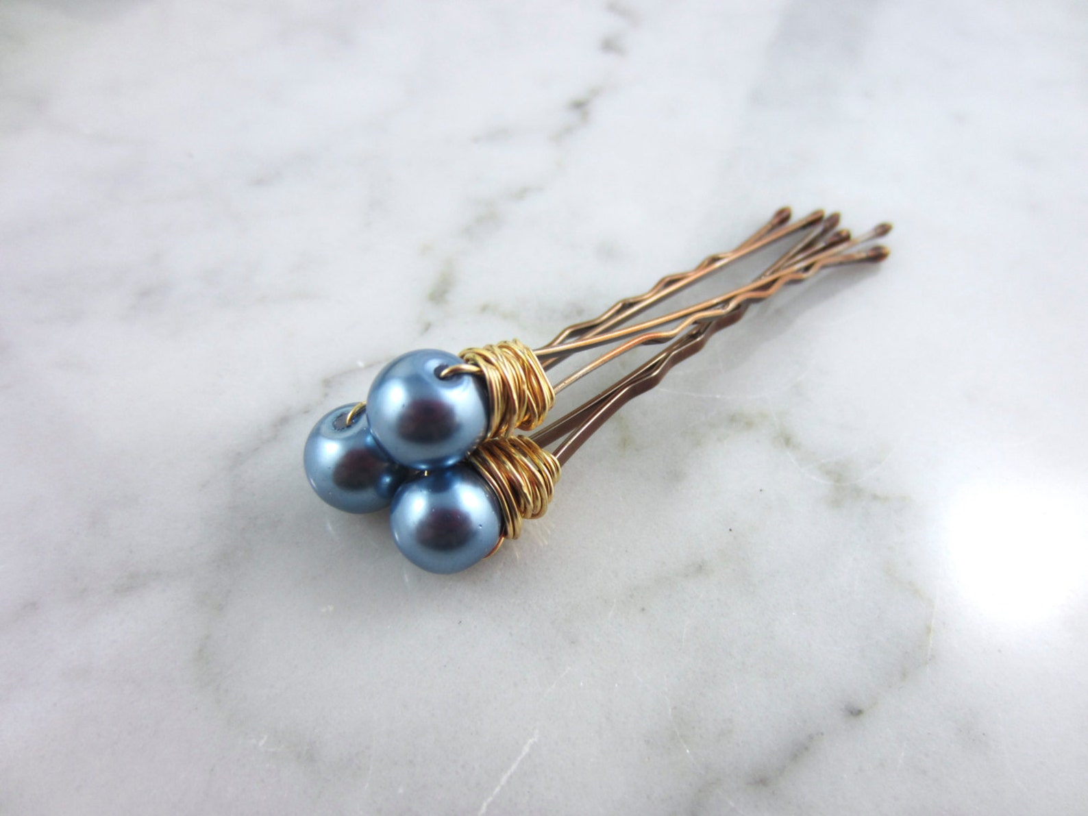 blue and white pearl hair pins