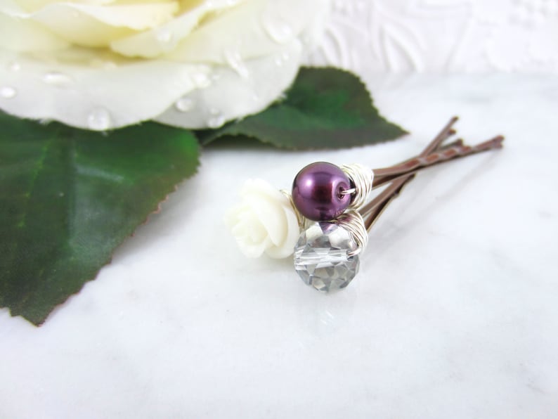 Bridesmaid Gift Bridal Hair Accessories Silver Hair Clips Plum Hair Pins Flower Hair Pins Wedding Hair Pins Whimsical Wedding