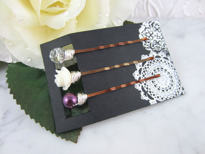 Bridesmaid Gift Bridal Hair Accessories Silver Hair Clips Plum Hair Pins Flower Hair Pins Wedding Hair Pins Whimsical Wedding