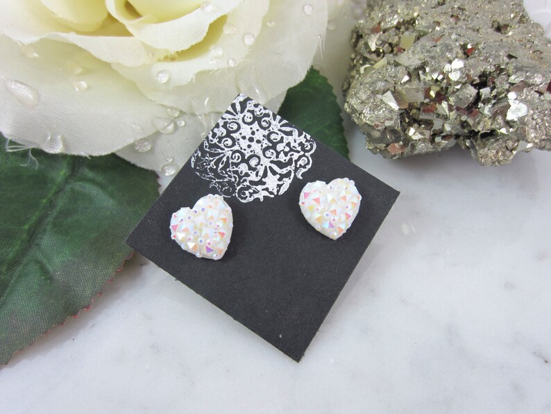 Sparkly Studs Iridescent Studs Heart Studs White Studs Heart Earrings White Earrings Sparkles White Heart Studs White Hearts