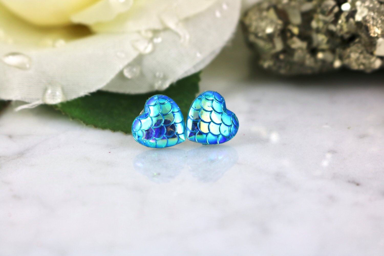 Mermaid Heart Studs Mermaid Earrings Dragon Studs Blue Etsy