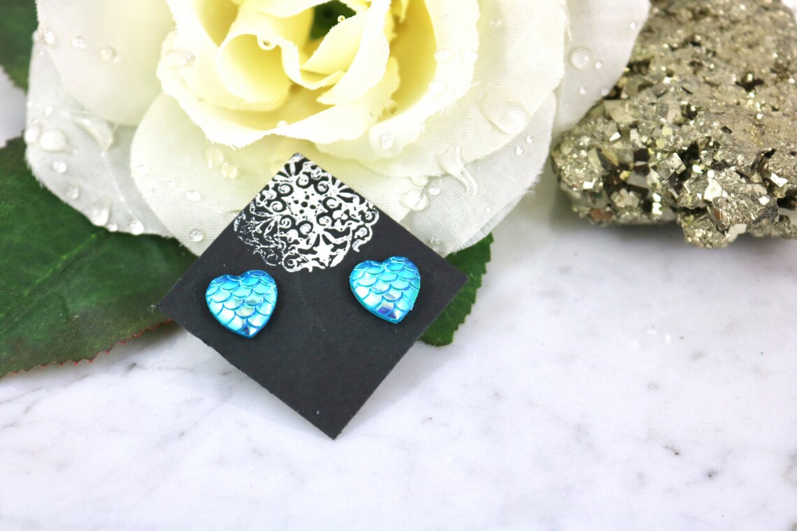 Mermaid Heart Studs Mermaid Earrings Dragon Studs Blue Etsy