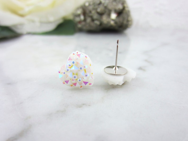 Sparkly Studs Iridescent Studs Heart Studs White Studs Heart Earrings White Earrings Sparkles White Heart Studs White Hearts