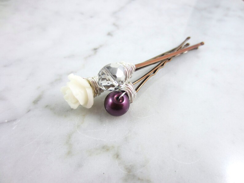 Bridesmaid Gift Bridal Hair Accessories Silver Hair Clips Plum Hair Pins Flower Hair Pins Wedding Hair Pins Whimsical Wedding