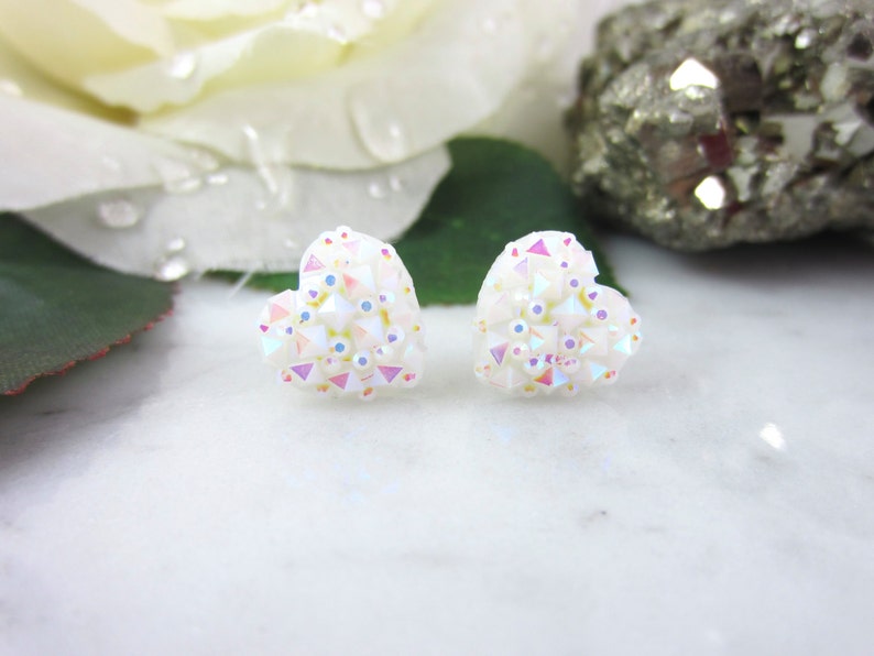 Sparkly Studs Iridescent Studs Heart Studs White Studs Heart Earrings White Earrings Sparkles White Heart Studs White Hearts
