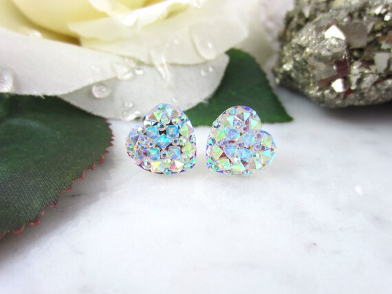 Sparkly Studs Iridescent Studs Heart Studs White Studs Heart Earrings White Earrings Sparkles White Heart Studs White Hearts