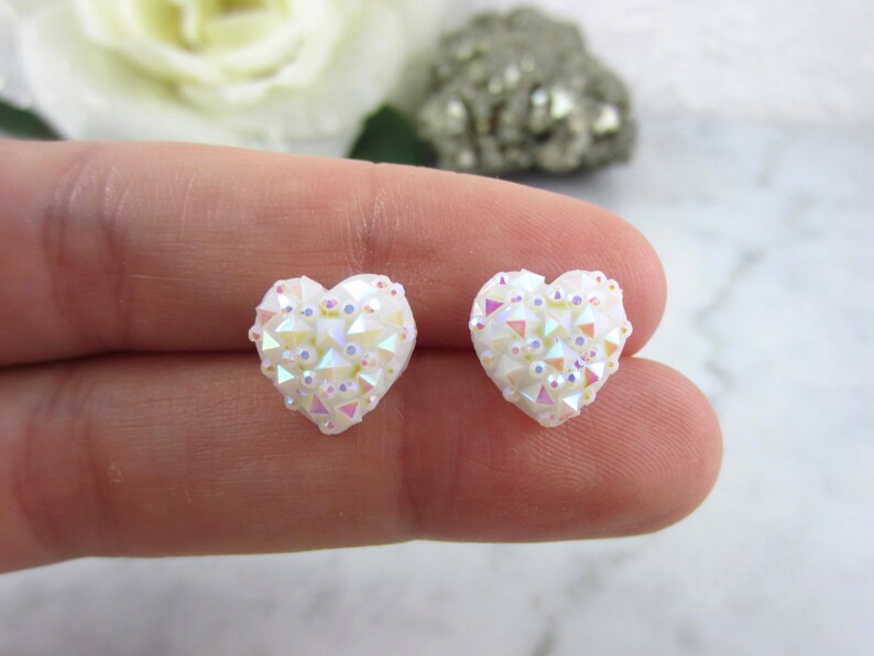 Sparkly Studs Iridescent Studs Heart Studs White Studs Heart Earrings White Earrings Sparkles White Heart Studs White Hearts