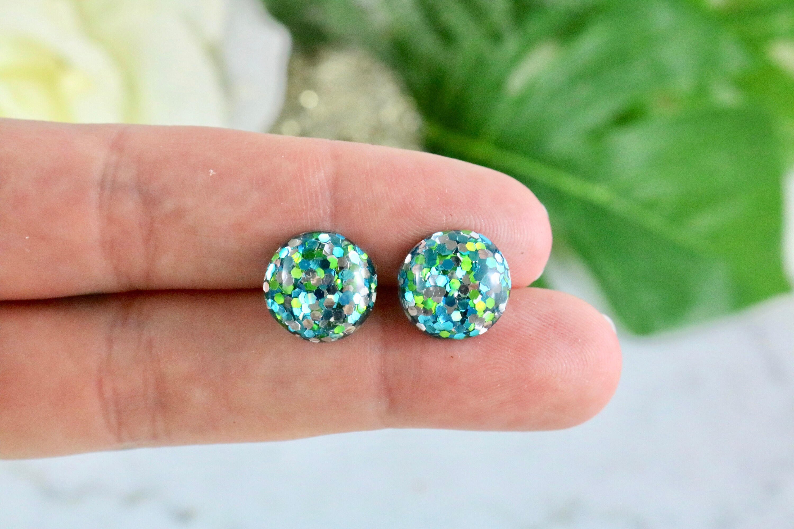 Ocean Blue Sparkle Earrings Blue Glitter Studs Button Etsy