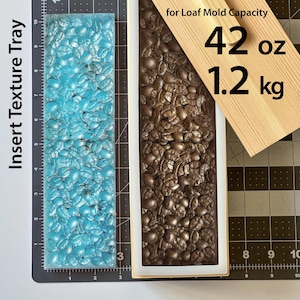 May include: A rectangular light blue insert texture tray with a coffee bean pattern next to a rectangular loaf mold with a dark brown coffee bean texture. The text reads Insert Texture Tray and for Loaf Mold Capacity 42 oz 1.2 kg.