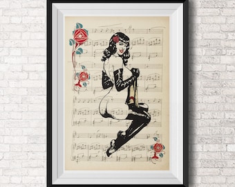 Pin Up Girl - Vintage - Art to Print - Wanddecoratie - Art Print - Muziek - Digitale Illustratie - Vintage Geïnspireerd - Muur opknoping