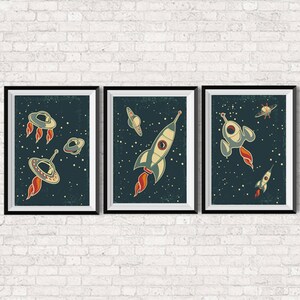 SET of 3 Rocket Space Ship Vintage Rocket Illustration Poster Art to Print Wall Hanging Modern Wall Art image 2