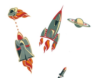 SET of 3 Rocket - Space Ship - Illustration - Vintage Rocket -  Kids Illustration - Geek Art - Art to Print -Wall Hanging - Modern Wall Art