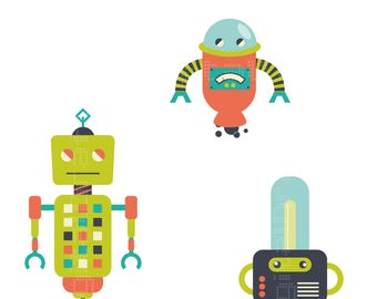 SET 3 Robot Hipster - Geek robot - Look vintage - Stampa camera per bambini - Poster - Regalo babyshower - Arte da stampare - Appeso a parete