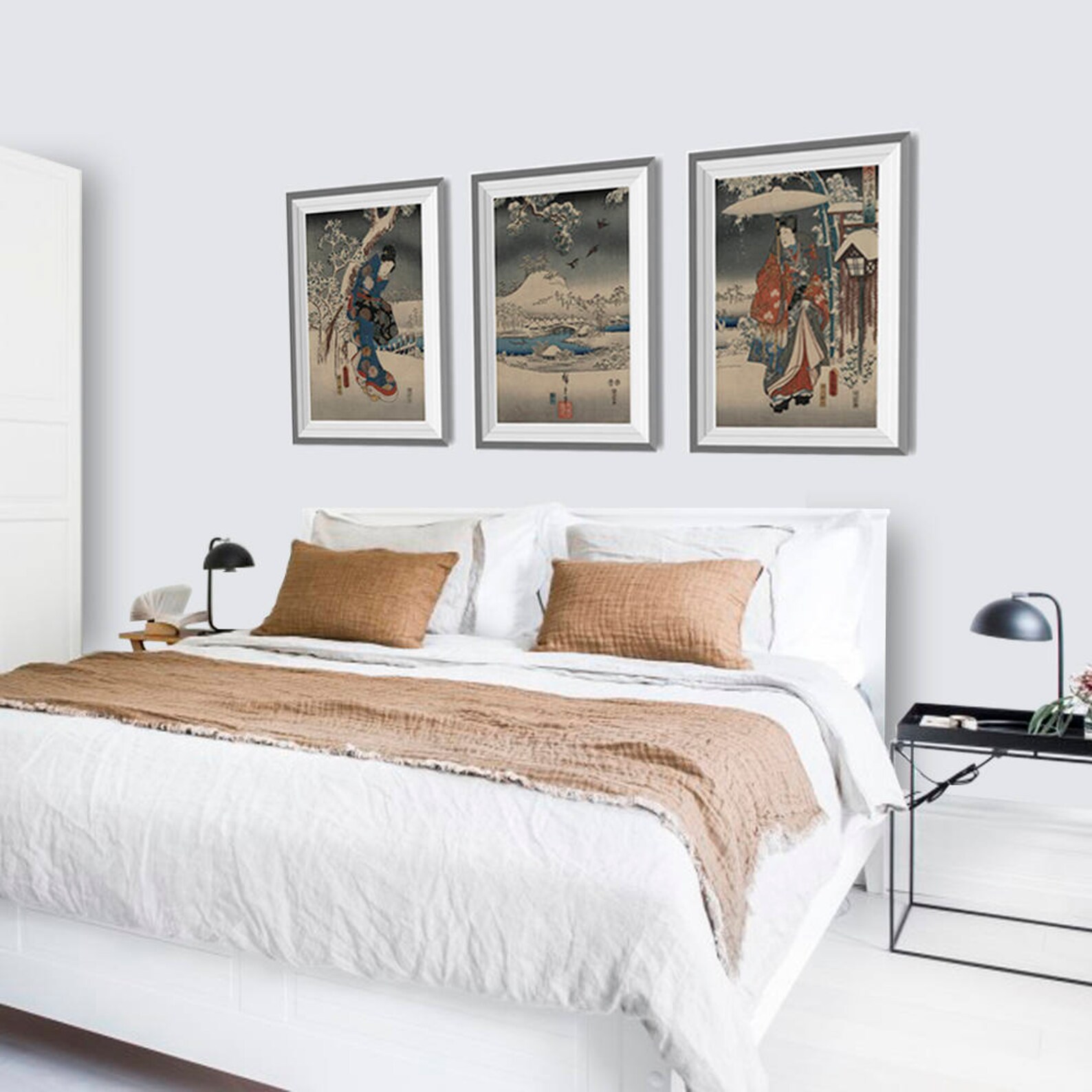 Japanese Wall Art headboardx3 Assian Art Vintage Inspired Triptic Beds