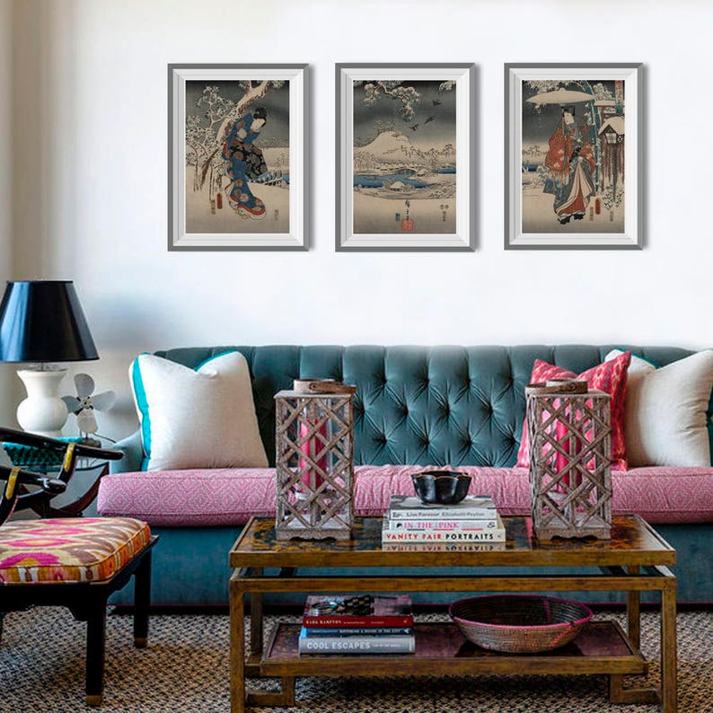 Japanese Wall Art headboardx3 Assian Art Vintage Inspired Triptic Beds