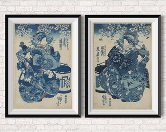 Art Set - 2 courtesan - wall art prints- Japanese Art- Geisha - Vintage Inspired Illustration - Poster - Woman - Art to Print - Wall Hanging