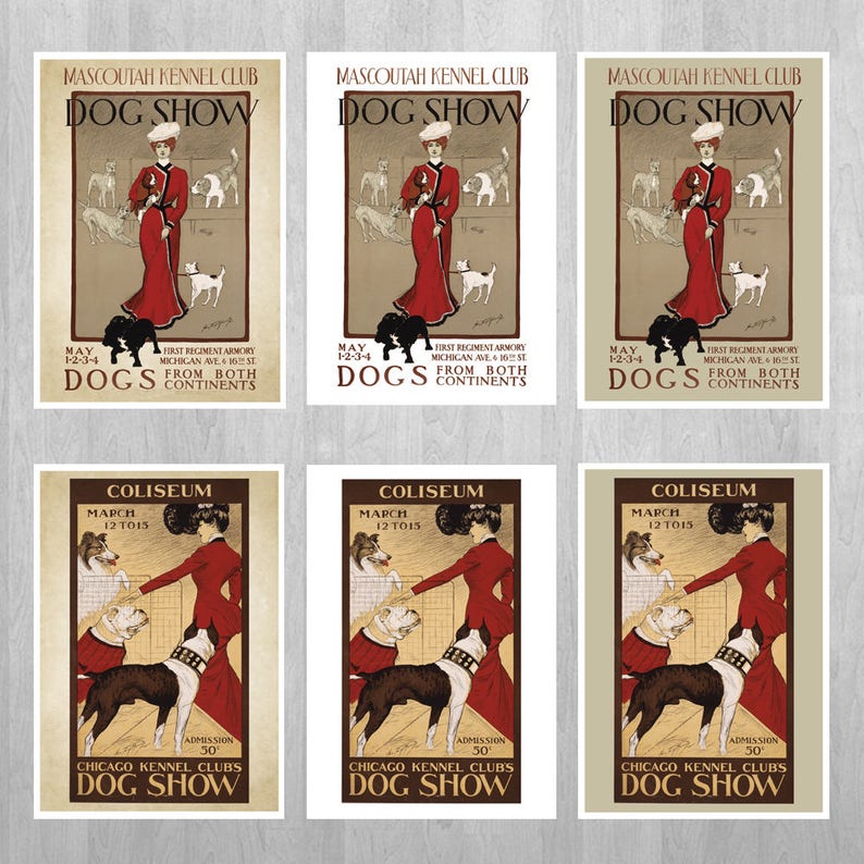 SET 2 Dog Show Mascoutah Wall Art Vintage Illustration Poster Woman Art to Print Wall Hanging image 3