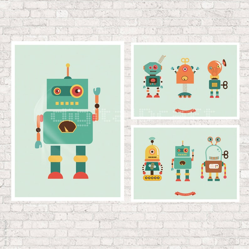 SET van 3 mix robots-Vintage robots-robot Wall Art-illustratie-poster-baby shower gift-Art to print-muur opknoping-moderne Wall Art afbeelding 5