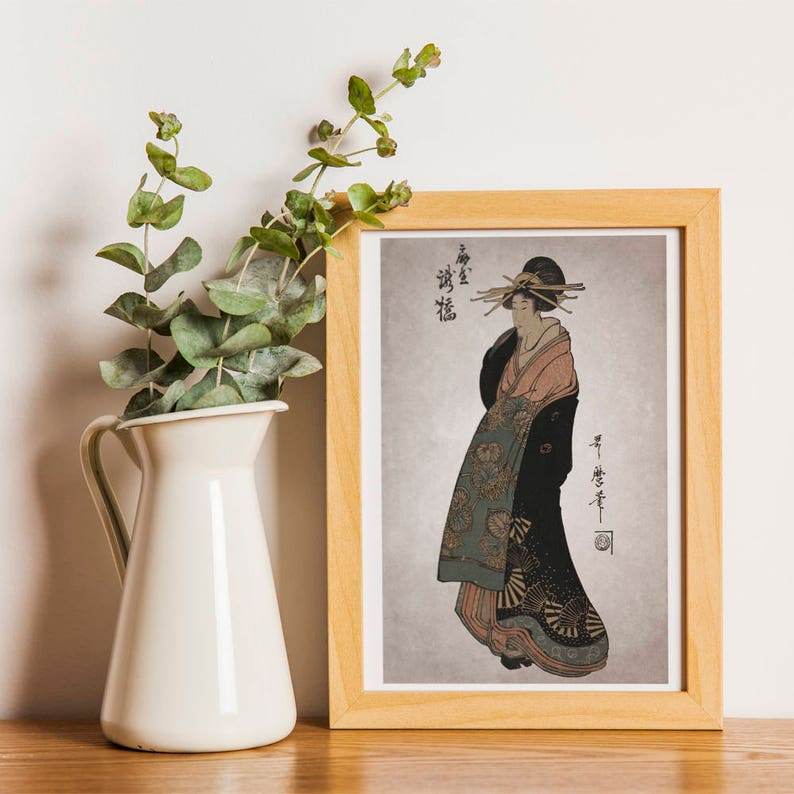 Japanese Wall Art Vintage Inspired Courtesan Illustration Poster Woman Art to Print Wall Hanging Wall Art Old Paper