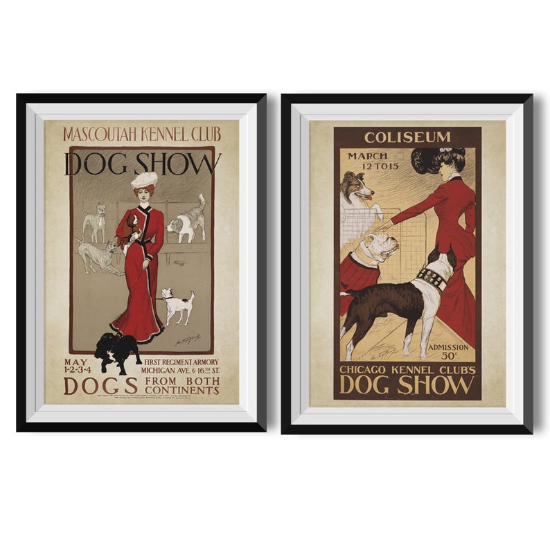 SET 2 Dog Show Mascoutah Wall Art Vintage Illustration Poster Woman Art to Print Wall Hanging image 1