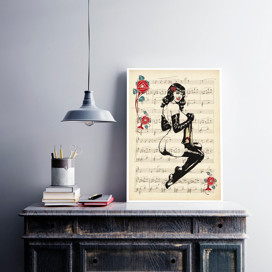 Pin up Girl Vintage Art to Print Wall Decor Art Print Music Digital