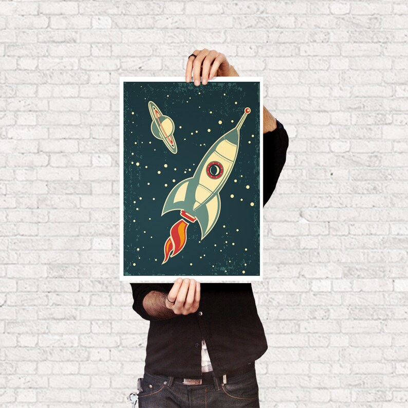 Vintage Rocket Illustration Poster Nursery Decor Art to Print Wall Hanging Modern Wall Art Space Art image 5