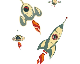 SET of 3 Rocket - Space Ship - Vintage Rocket -  Illustration - Poster - Art to Print -Wall Hanging - Modern Wall Art