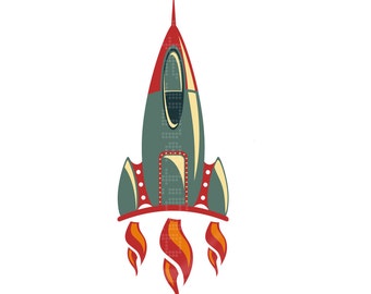Space Ship - Illustration - Vintage Rocket -  Illustration - Poster - Art to Print -Wall Hanging - Modern Wall Art - Cosmos