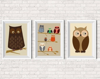 Setx3 - Owls prints - Modern Nursery - Art For Kids Room - Cool Nursery Art -Wall Art  - Children Art -  Kids Room Art - Babyshower gift