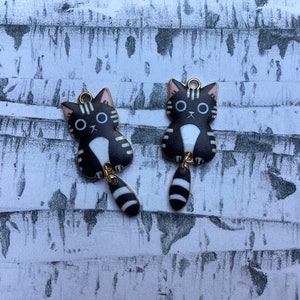 Cat charms with swinging tails - set of 2 - enameled metal charms