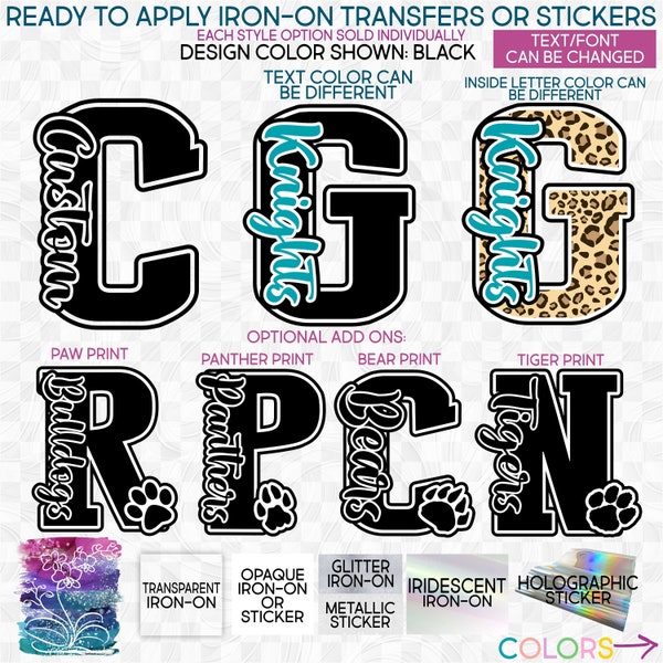 s123-C Ready to Apply IronOn Transfer or Sticker Custom Sports Block Letter Team Name Leopard Animal Paw Print Vinyl/Glitter/Holographic