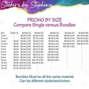 a pricing table comparing single versus bundles of various sizes. The table lists the prices for single and bundle sizes ranging from 2 inches to 12 inches. The prices are listed in dollars and cents, with the prices for bundles being listed in dollars and cents as well. The table emphasizes that bundles must be made of the same material and can be different styles/text/colors.