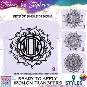 May include: A collection of nine iron-on transfers featuring black mandala designs on a light purple background. One design prominently displays the text MOM in a circular monogram style. The image includes labels for sets or single designs.